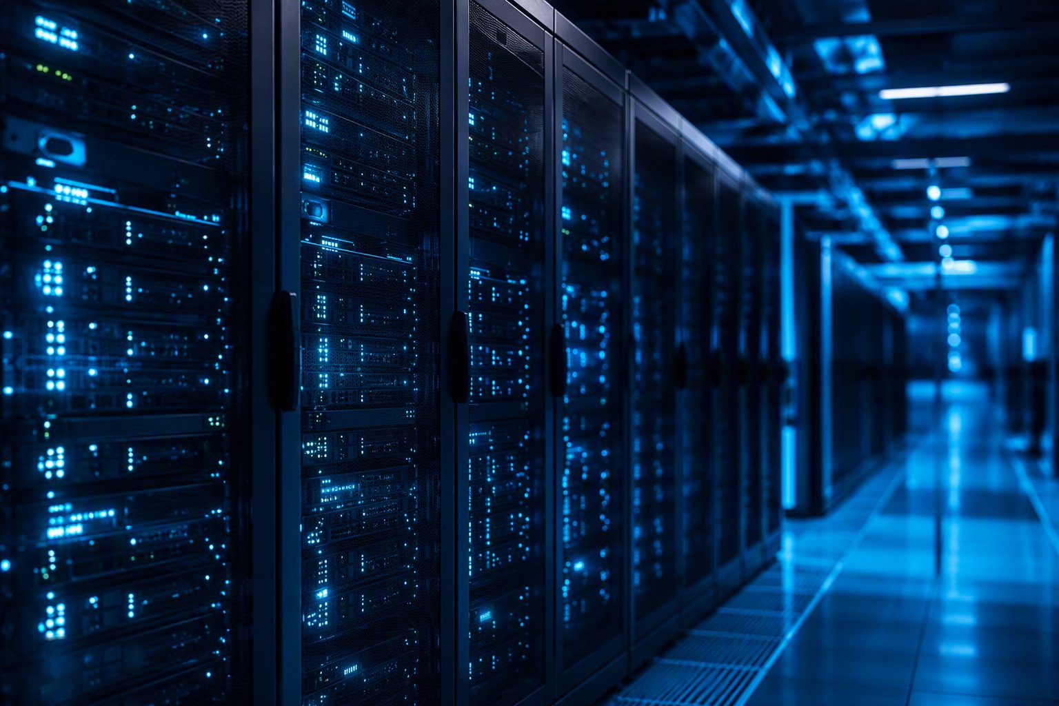 Server racks with cyan status lights in a modern data centre corridor