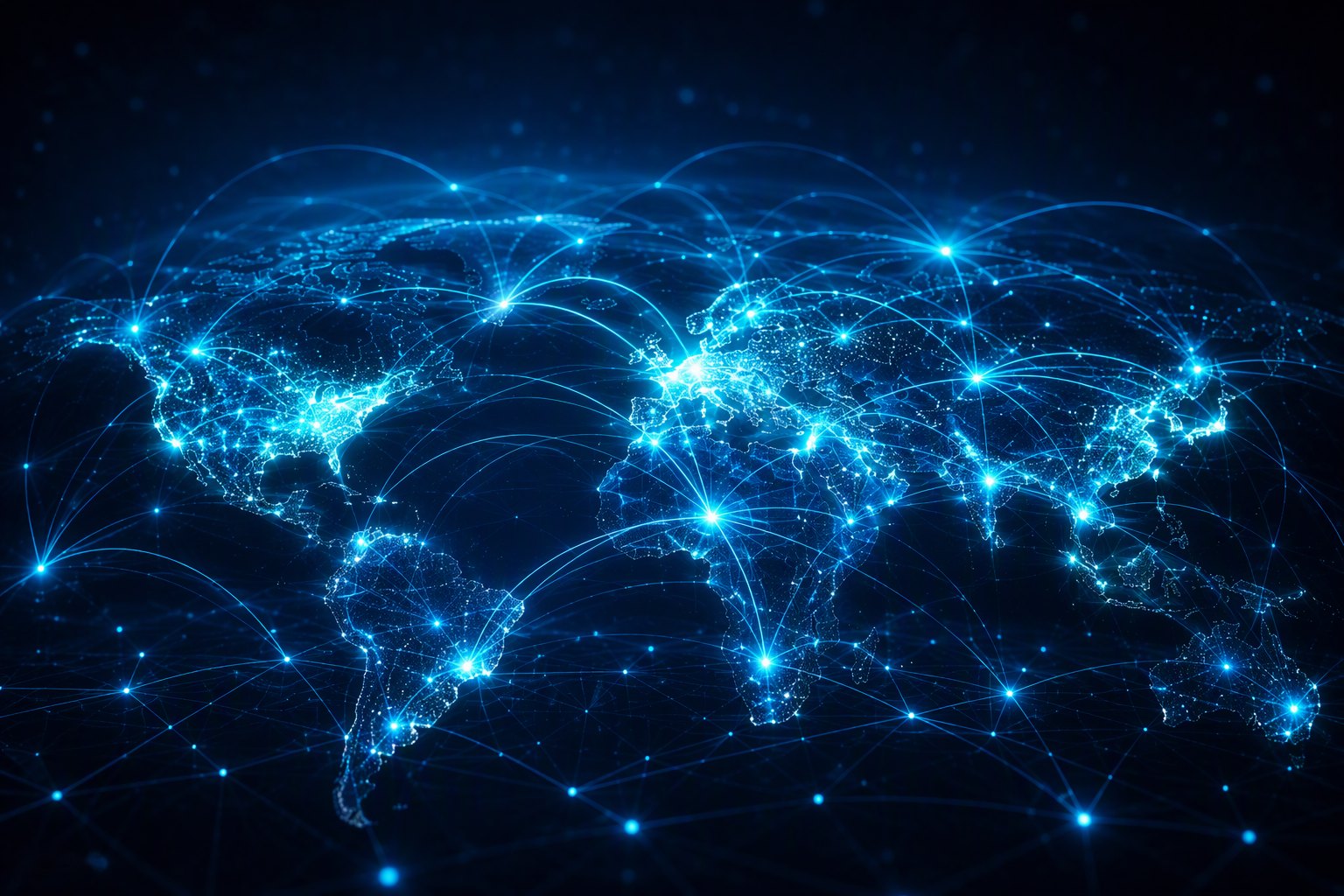 Glowing network nodes and arcs across a dark regional map, representing low-latency regional inference