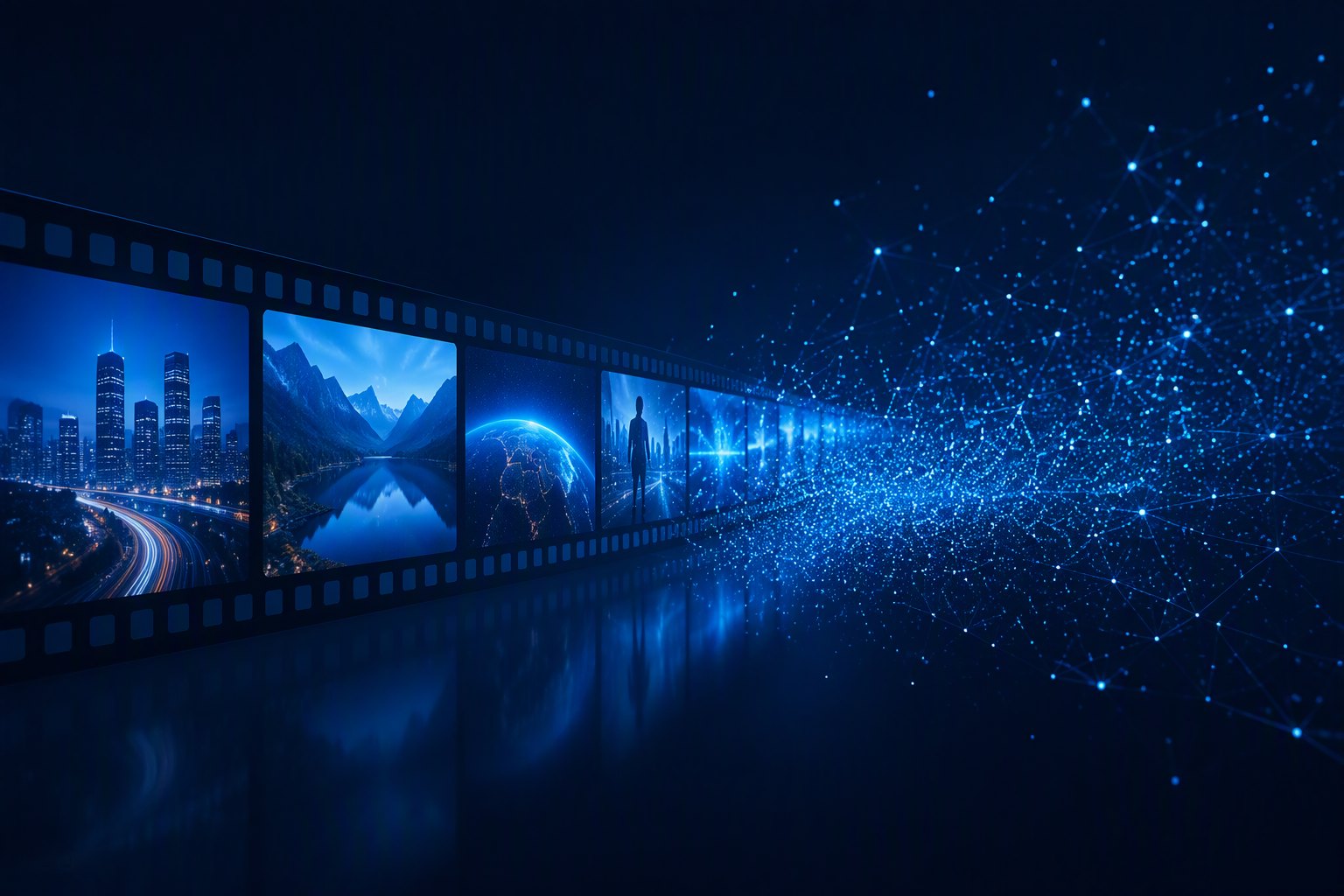 Abstract visualisation of video frames dissolving into data streams, representing committed video-generation capacity
